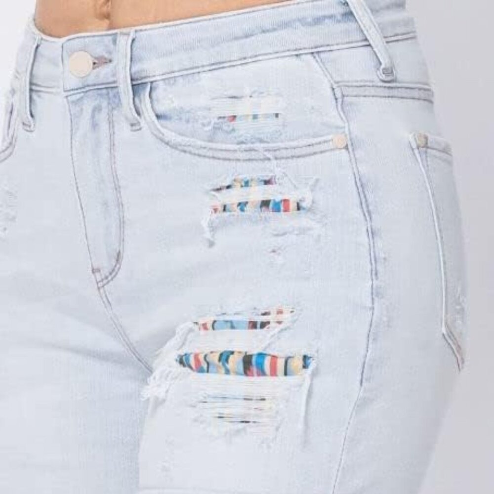 Judy Blue Aztec Patch Distressed Cuffed High Rise Shorts JB150137 Women's Small